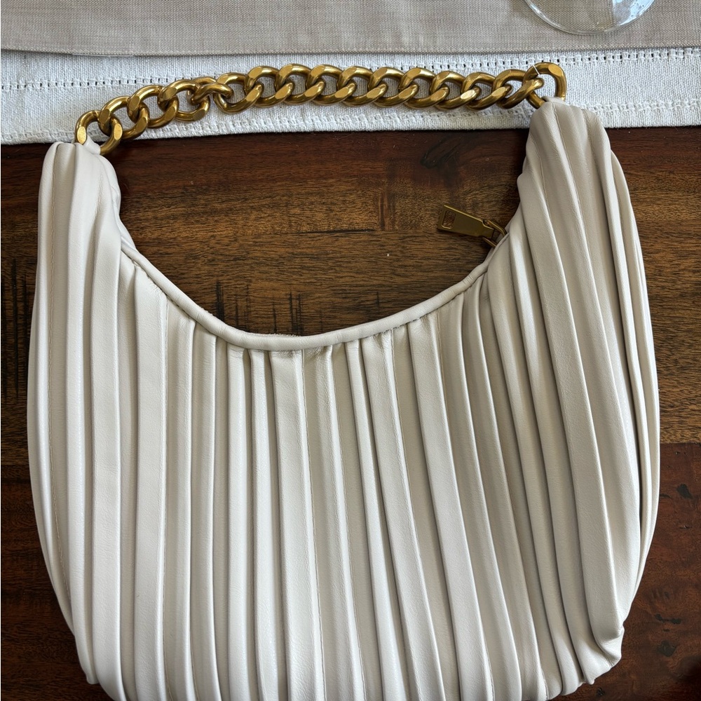 Madison West Cream Pleated Hobo with Gold Chain Handle